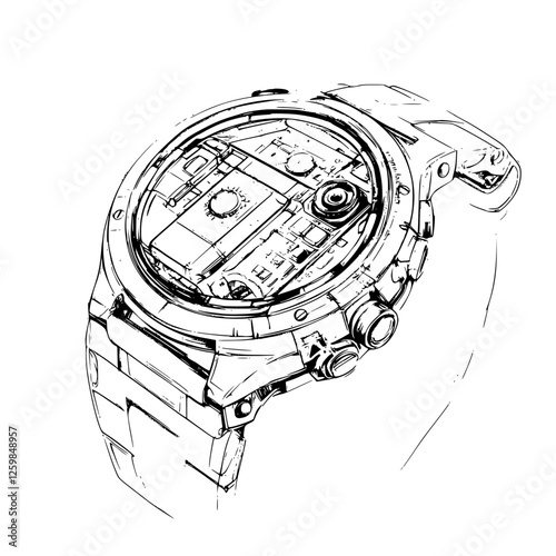 Detailed sketch of a modern wristwatch revealing intricate mechanisms for enthusiasts and designers