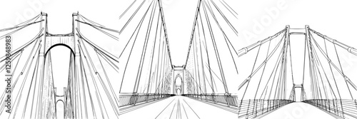 Unique sketches of a cable-stayed bridge showcasing detailed structure and perspective from various angles during the day