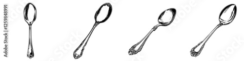 Collection of vintage silver spoons arranged in a row showcasing different angles and styles
