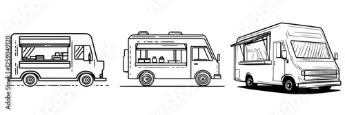 Outline of three distinct food trucks parked on a city street, showcasing diverse culinary options available for the public