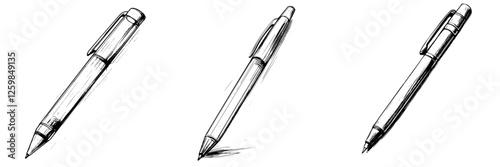 Sketch of a pen drawn in three different positions highlighting its design and features