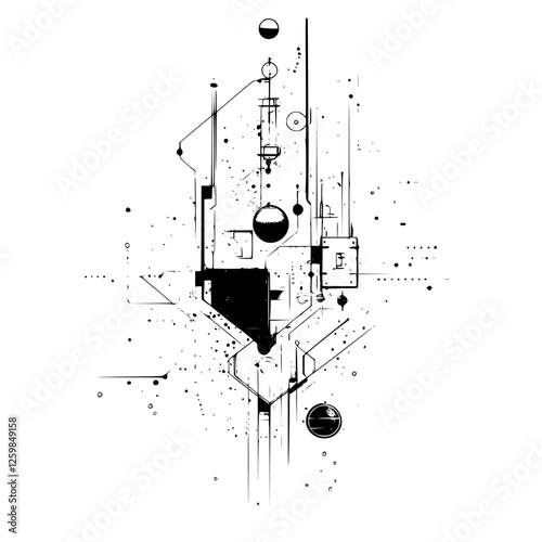 Abstract black and white art piece featuring geometric shapes and lines on a blank background