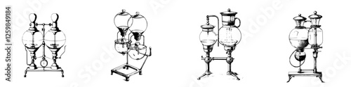 Historical coffee brewing devices showcasing unique designs from different eras in an elegant arrangement
