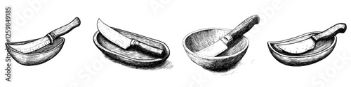 Different types of knives and bowls arranged on a clean surface, showcasing various kitchen tools ideal for food preparation tasks