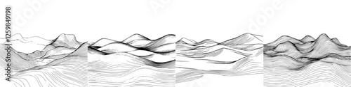 Mountain landscapes displayed in a minimalist black and white sketch style with varied contours and textures