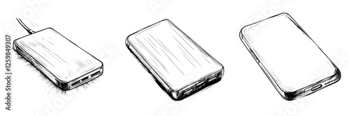 Power bank charging, discharging, and depleted status illustrated in detailed sketches