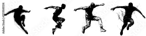 Dynamic silhouettes of athletes performing acrobatic jumps in a dramatic display of movement and energy