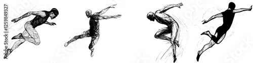 Dynamic figures in motion showcase athleticism and energy through expressive lines and forms