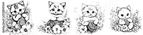 Charming hand-drawn kittens playing with yarn surrounded by flowers in a peaceful garden setting