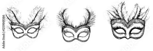 Stunning collection of intricate masquerade masks with feathers and decorative details displayed on a white background