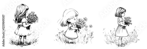 Charming hand-drawn vector illustration of girls holding flowers in a grassy field during a sunny day
