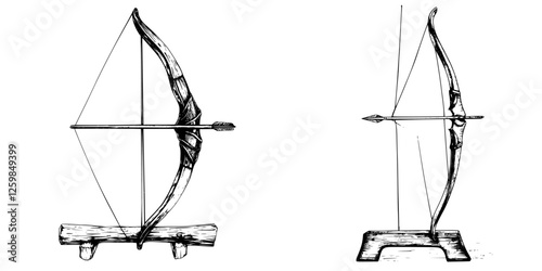 Unique depiction of a traditional bow and arrow resting on wooden stands in a simple artistic style