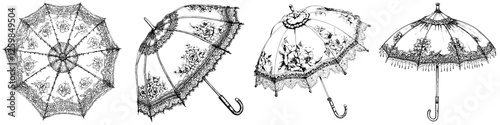 Intricate vintage umbrella designs showcasing lace and floral patterns from different angles in black and white