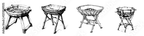 Different styles of traditional cooking grills commonly used for outdoor barbecues and gatherings