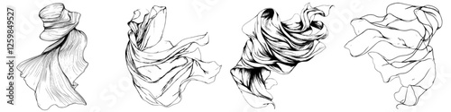 Elegant flowing fabric sketches showcasing movement and texture in various forms and styles