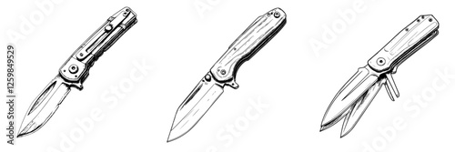 Detailed illustration of folding knives highlighting design features and varying blade styles
