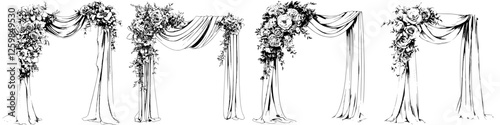 Elegant floral arch designs for weddings, ceremonies, and special events showcasing draped fabrics and natural decorations
