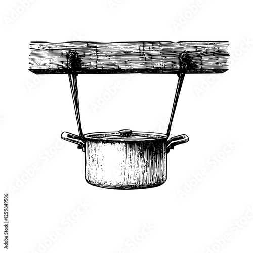 Cooking pot suspended above a fire in a rustic outdoor setting during the afternoon
