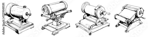 Vintage illustration of various handcrafted machines used for processing materials in industrial settings