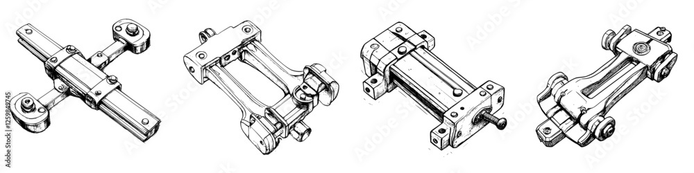 Sketches of mechanical components illustrating various designs of linkages in engineering applications Sketches of mechanical components illustrating various designs of linkages in engineering applications