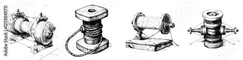 Various types of wooden and metal spools displayed in a workshop setting