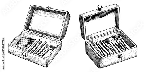 Vintage wooden case filled with a variety of hair combs and grooming tools from a bygone era