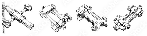 Sketches of mechanical components illustrating various designs of linkages in engineering applications
