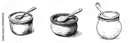 Various ceramic pots with wooden spoons, showcasing diverse textures and shapes on a simple background