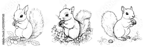 Vector illustration of three adorable squirrels interacting with nature featuring hand-drawn style elements and intricate details