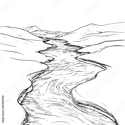 Flowing river winds through a tranquil desert landscape under a clear sky at dusk