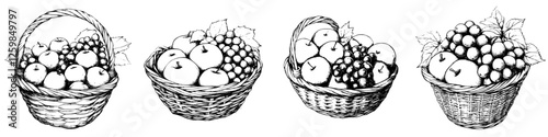 Fresh fruit baskets filled with apples and grapes in a simple, rustic design