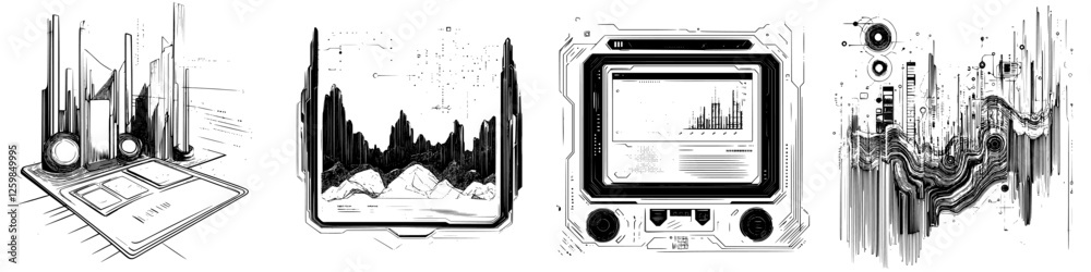 Fototapeta premium Futuristic digital landscape design showcasing various technological interfaces and abstract elements