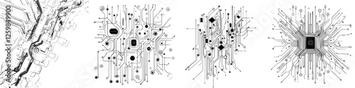 Complex network of circuit designs showcasing technology and innovation in a detailed black and white illustration