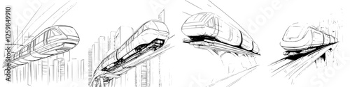 Conceptual sketches of modern monorail system in an urban environment showcasing design and architecture