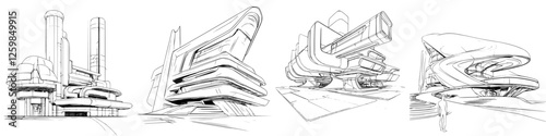 Innovative architectural sketches showcase futuristic building designs in a dynamic urban landscape