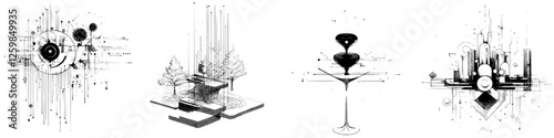Abstract black and white illustrations featuring geometric shapes, nature elements, and artistic designs with intricate details
