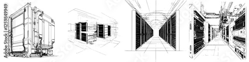 Blueprints of a modern data center showcasing server racks and cooling systems in a structured layout