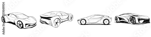 Sketches of futuristic car designs showcasing innovative shapes and features in a dynamic layout
