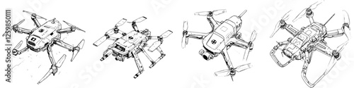 Vector illustration of hand-drawn drone designs showcasing different models in flight and on the ground