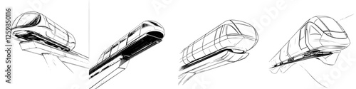 Vector illustration of a futuristic transportation system concept in hand-drawn style with multiple views showcasing design evolution