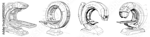 Hand-drawn vector illustration showcasing a futuristic medical imaging device in various angles and details