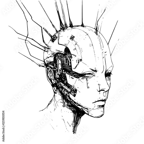 Conceptual hand-drawn vector illustration of a futuristic humanoid with cybernetic features and intricate details