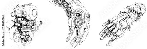 Exploring a hand-drawn vector illustration of futuristic robotic designs featuring an arm and machinery components