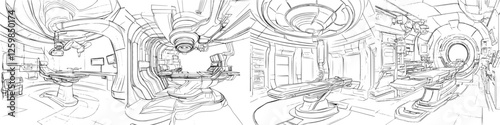 Futuristic medical facility highlighting advanced technology in a clean, spacious design drawn in hand-drawn vector style