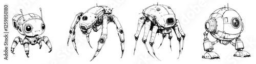 Robot creatures in hand-drawn style exploring diverse forms and features in a futuristic design