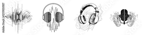 Vector illustration featuring hand-drawn audio elements including headphones, sound waves, and a microphone design