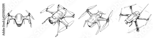 Vector illustration of a hand-drawn drone in various positions showcasing its design and features for enthusiasts and designers