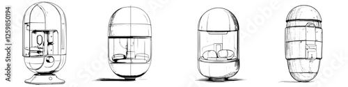 Vector illustration of hand-drawn futuristic capsules showcasing innovative design concepts with various perspectives