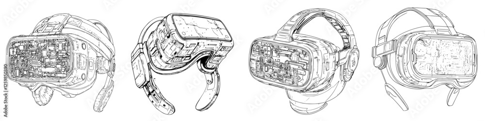 Obraz premium Vector illustration showcasing hand-drawn virtual reality headsets from multiple angles in detailed design