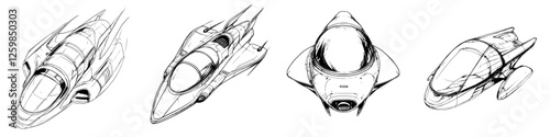 Hand-drawn vector illustration showcasing futuristic vehicles in dynamic design and innovative engineering concepts